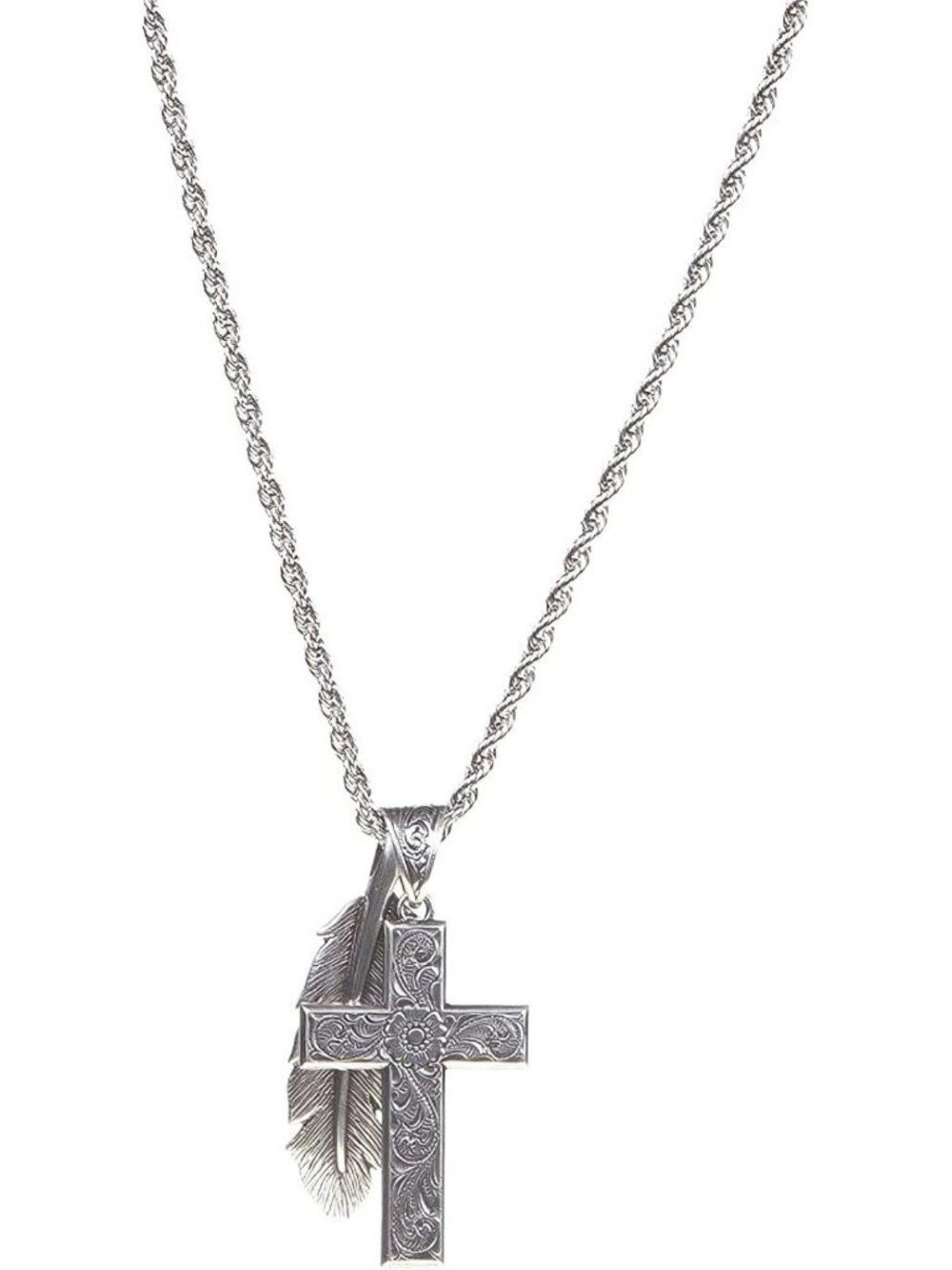 Silver Cross & Feather Necklace, 24” Chain, Western Style Jewelry, Boho Chic
